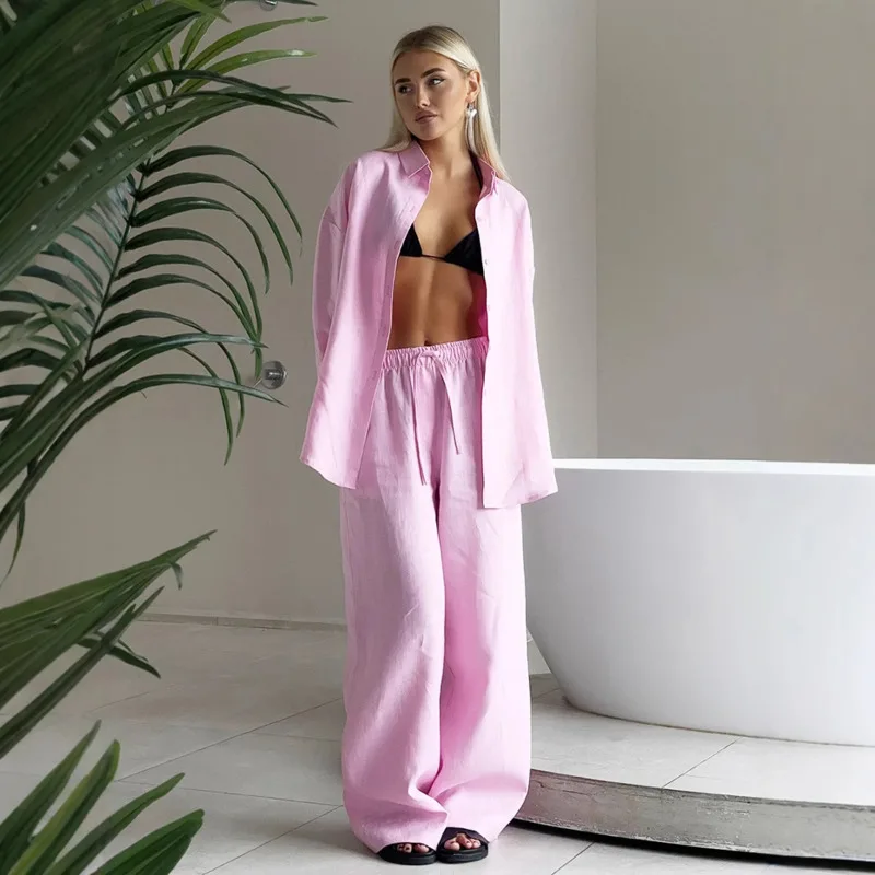 Spring Summer New Arrival Loose-Fit Long-Sleeved Cotton Shirt Casual Elastic-Waist Trousers Fashion Women's Shirt Two-Piece Set