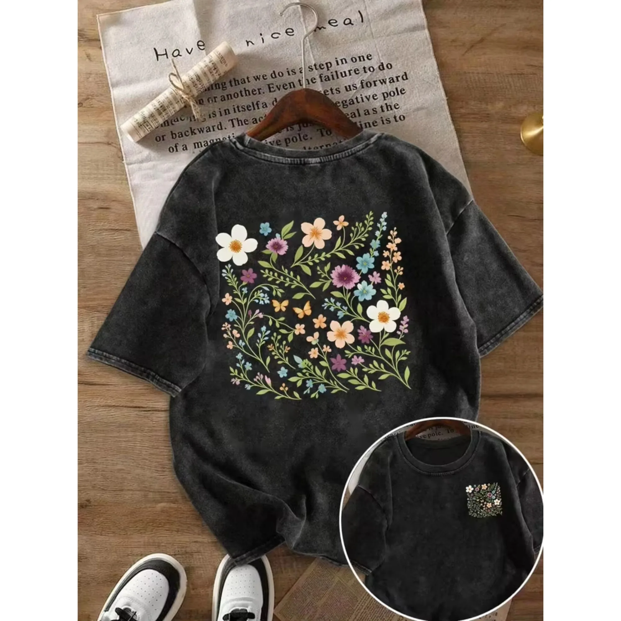 Flower Print Retro Washed T Shirt Loose Round Neck Fashion Women's Wash Short Sleeve Burning-out Printing Women's T-shirt