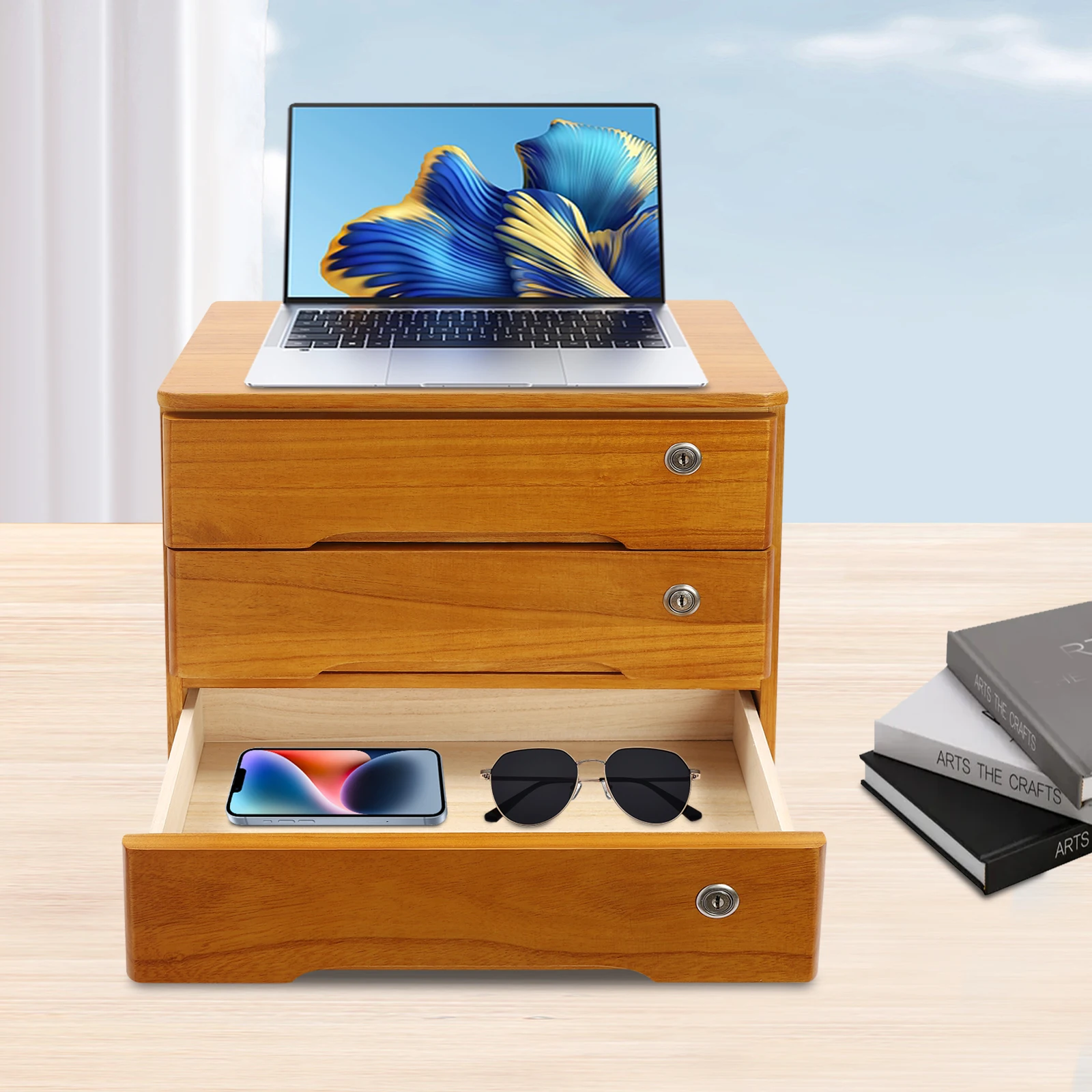 

NEWEST 3 Tier Storage Box with Lockable Drawer, Wooden Desk Organiser, L 39 x D 30 x H 31 cm (Wood)