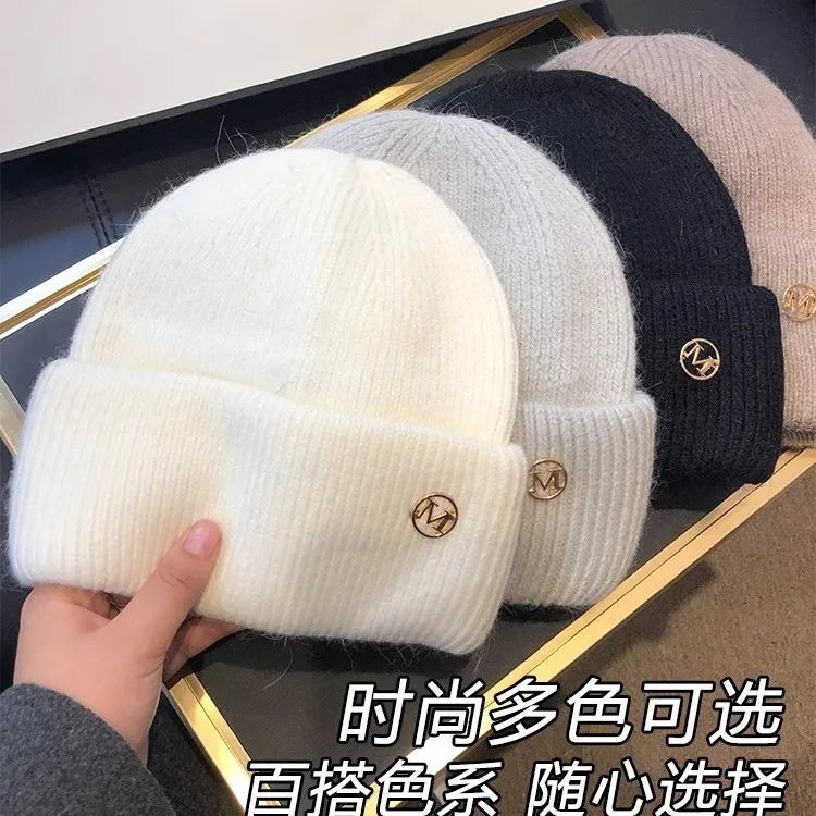 여성용 한국 스타일 겨울 니트 비니 - 플리스 안감 두꺼운 따뜻함, 트렌디한 레터 디자인 시크하고 우아한 패션 울 모자