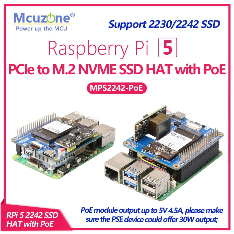 

MPS2242-POE HAT,PoE ethernet powered for Raspberry Pi5, PCIE to NVME SSD, support 2242,2230,POE output up to 5V4.5A