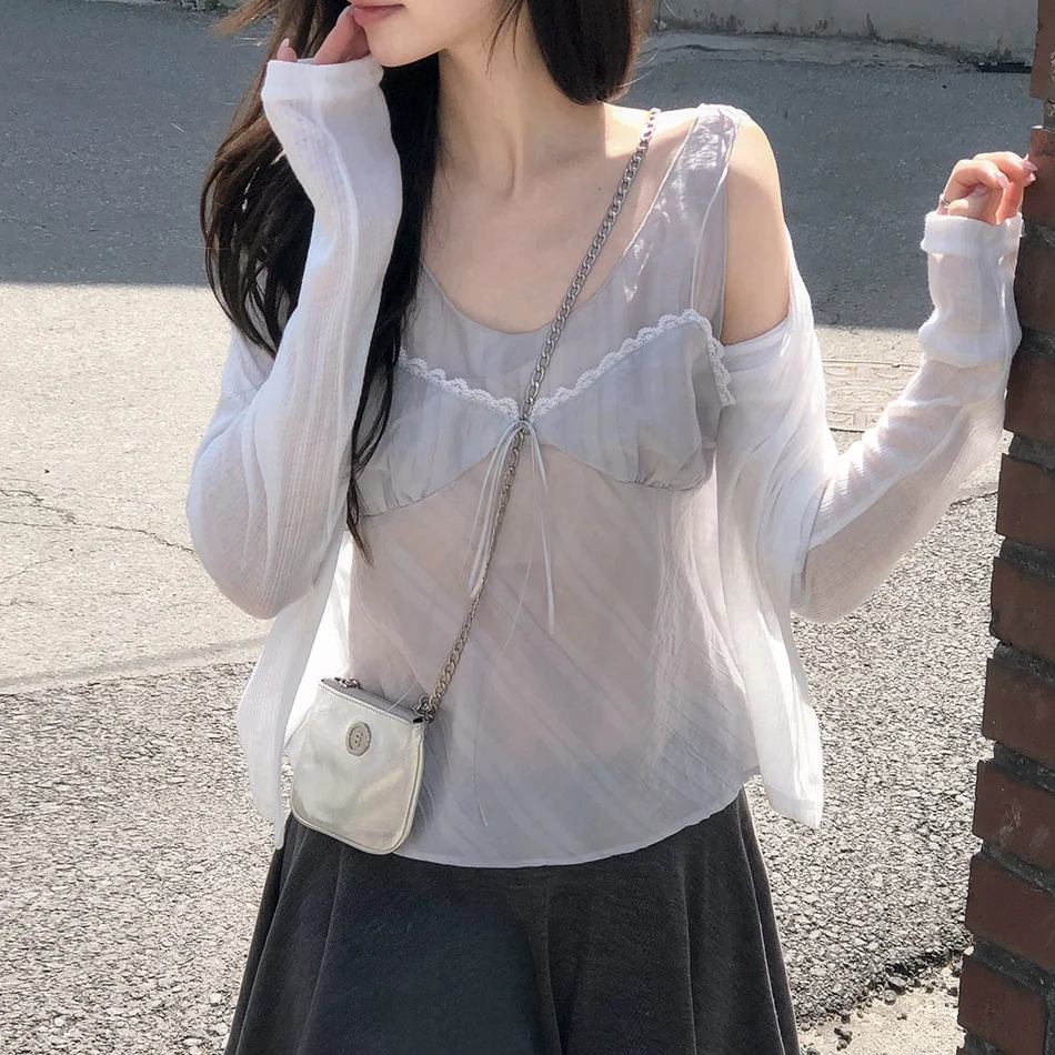 Korean Style Lace Trim Belted Vest Top Light Transparent Strapless Design Anti-Aging Casual Women's Fashion Summer Short Sleeve