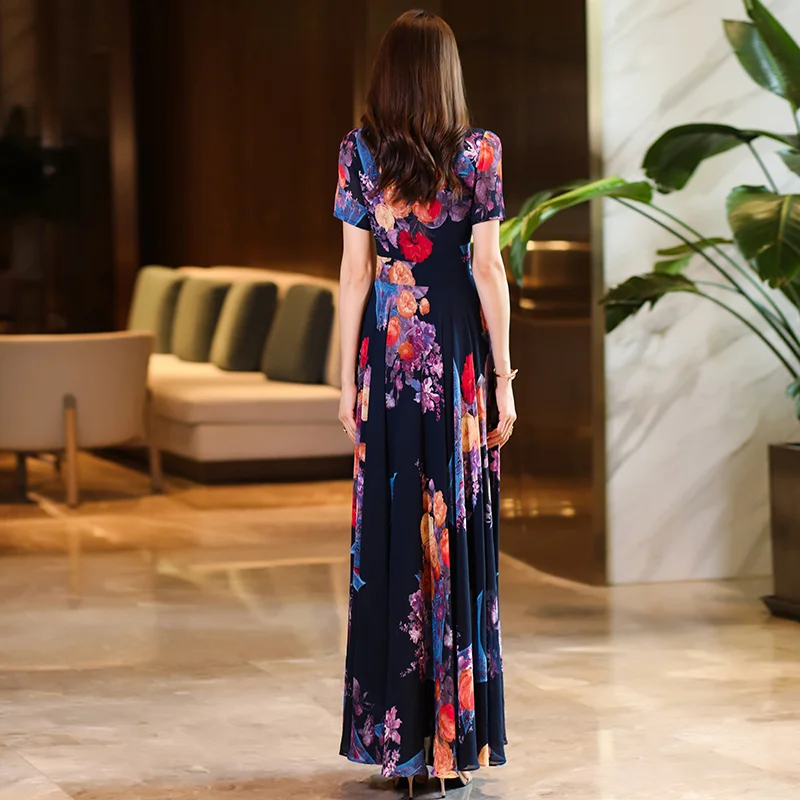 Boho Summer Chiffon Beach Maxi Dress Women Elegant V-neck Short Sleeve Flower Print Dance Evening Party Long Dress 2025 New