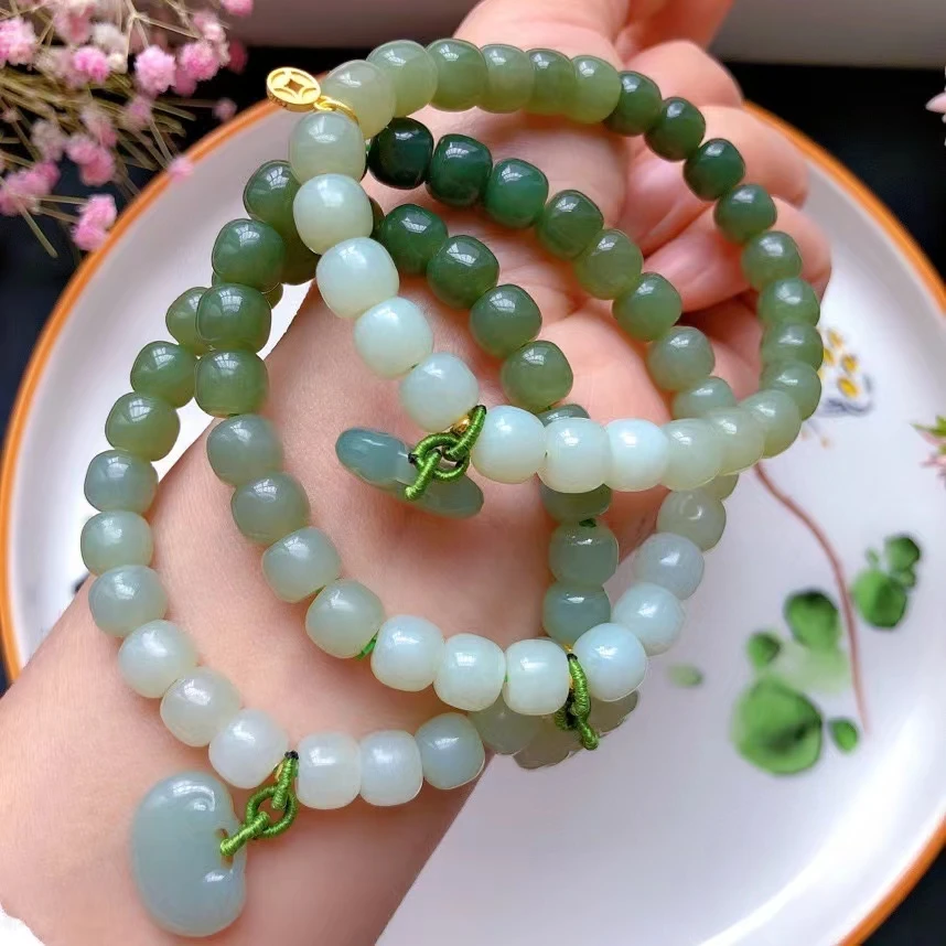 Natural Green Jade A Rainbow Nephrite Bracelet Pendant Jewelry Stretch Round Beads 8mm Hetian Jade For Women Men Jewelry AAAAA