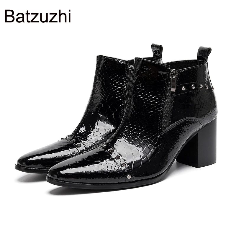 

Batzuzhi Pointed Toe Black Patent Leather Ankle Boots Man 7cm High Heels Men's Shoes Fashion Gentleman Party, Wedding Boots Man