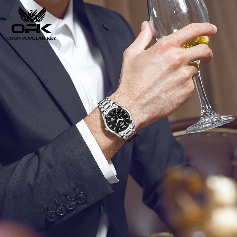OPK 브랜드 야광 방수 달력 스틸 밴드 남성용 쿼츠 시계 8149