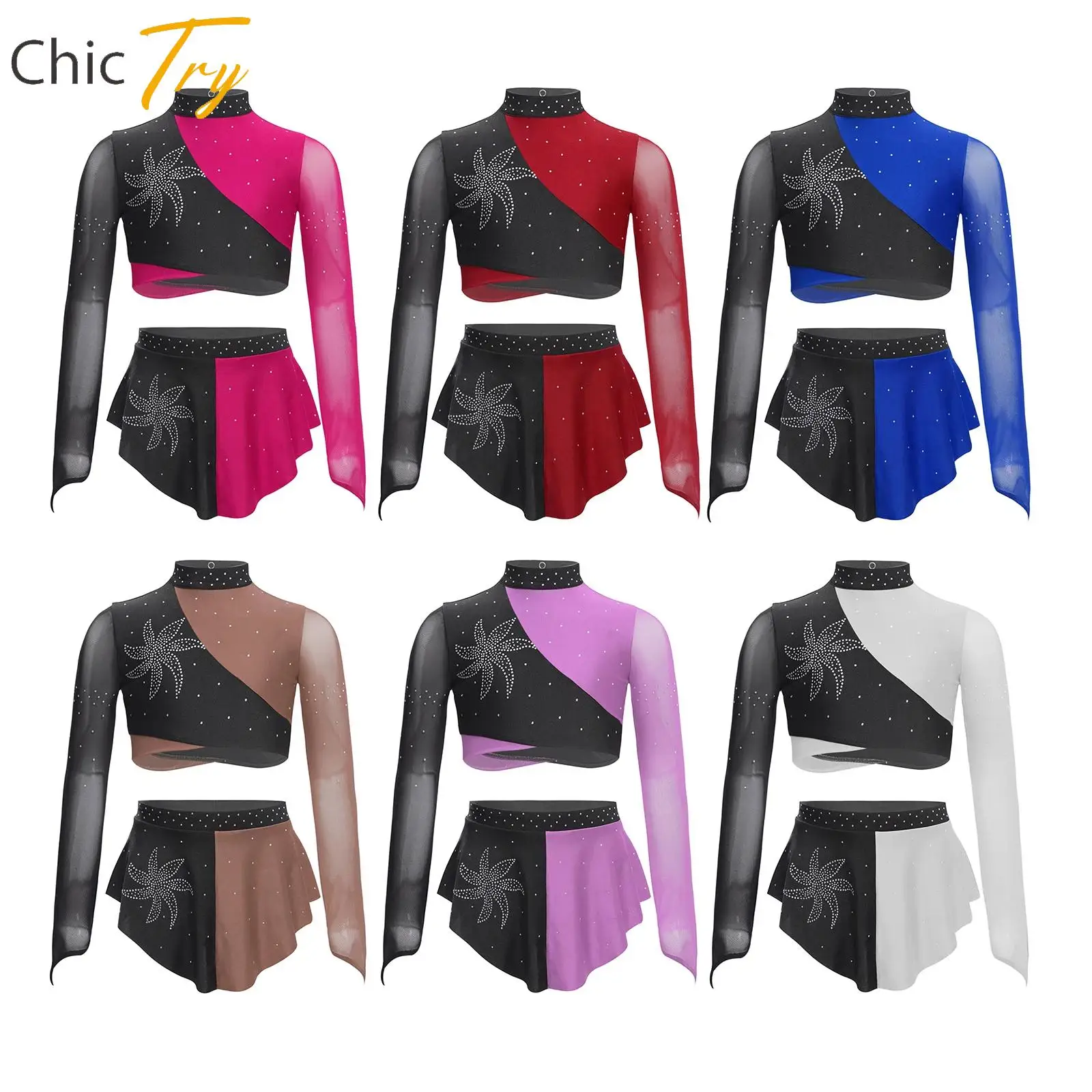 

Kids Girl Lyrical Modern Dance Outfit Figure Ice Skating Stage Performance Set Long Sleeves Crop Top Skirt Set for Dance Party