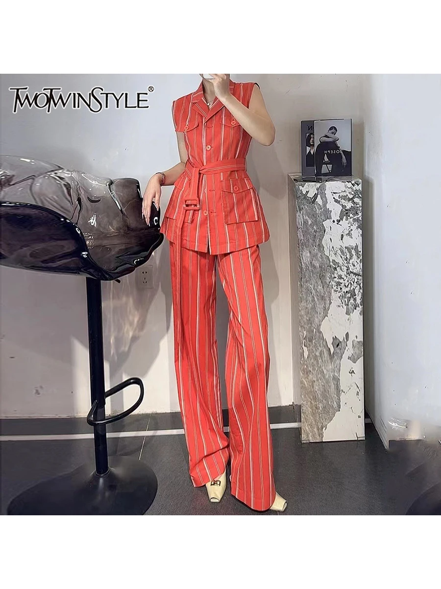 

TWOTWINSTYLE Hit Color Spliced Striped Two Piece Sets for Women Lapel Sleeveless Patchwork Button Top High Waist Pant Set Female