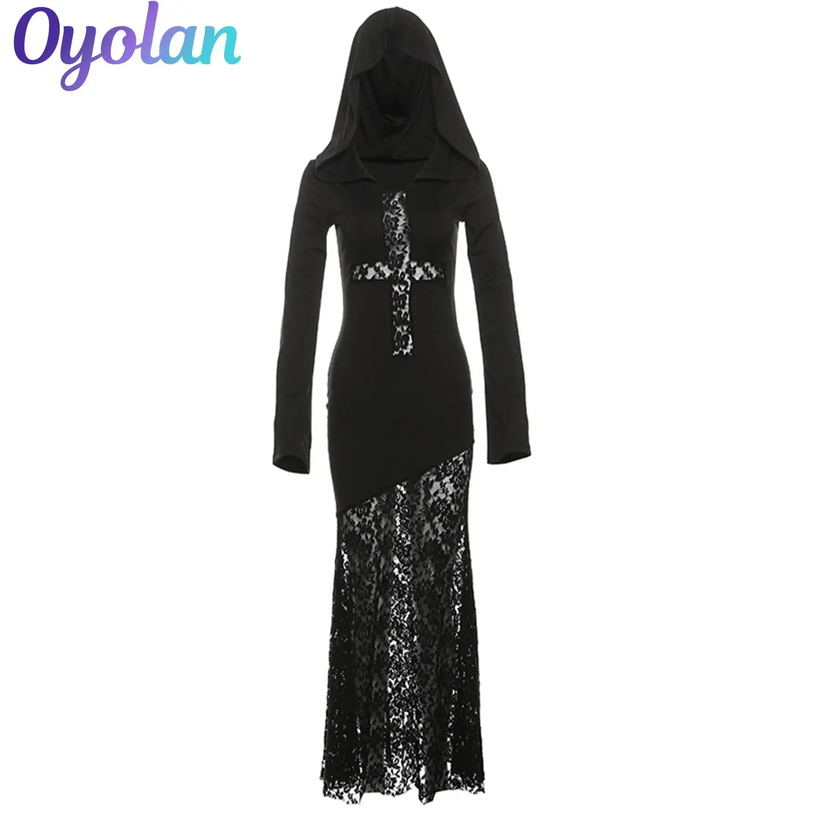 

Womens Vampire Witch Hooded Dress Renaissance Cosplay Costume Gothic Steampunk Sheer Floral Lace Maxi Dress Halloween Outfits