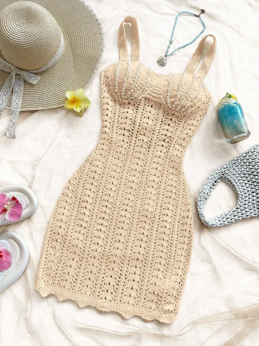 

Beige Crochet Knit Mini Dress with Pearl Embellishment, Boho Beach Style