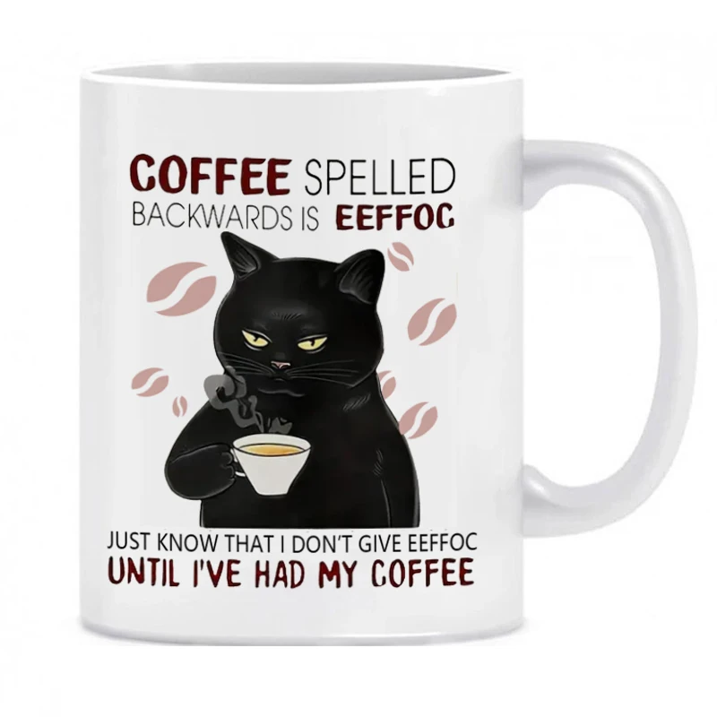 1pcs Coffee Spelled Backwards Is Eeffoc Coffe Mug Black Cat Mug Funny Black Cat Drinking Coffee Mug Cat Lover Coffe Cup 11OZ