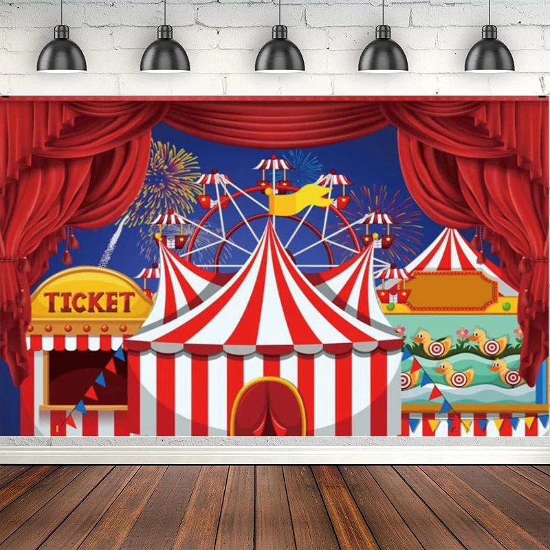 Circus Theme Photography Backdrop Red White Striped Dome Tent Tickets Red Curtain Ferris Wheel Banner Background Birthday Party