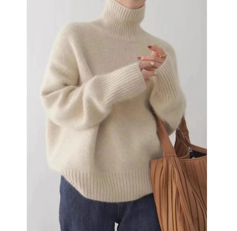 

Winter Thickened Pure Color Cashmere Knitted Sweater Women High Collar Short Loose Lazy Sweater Female Crew Neck