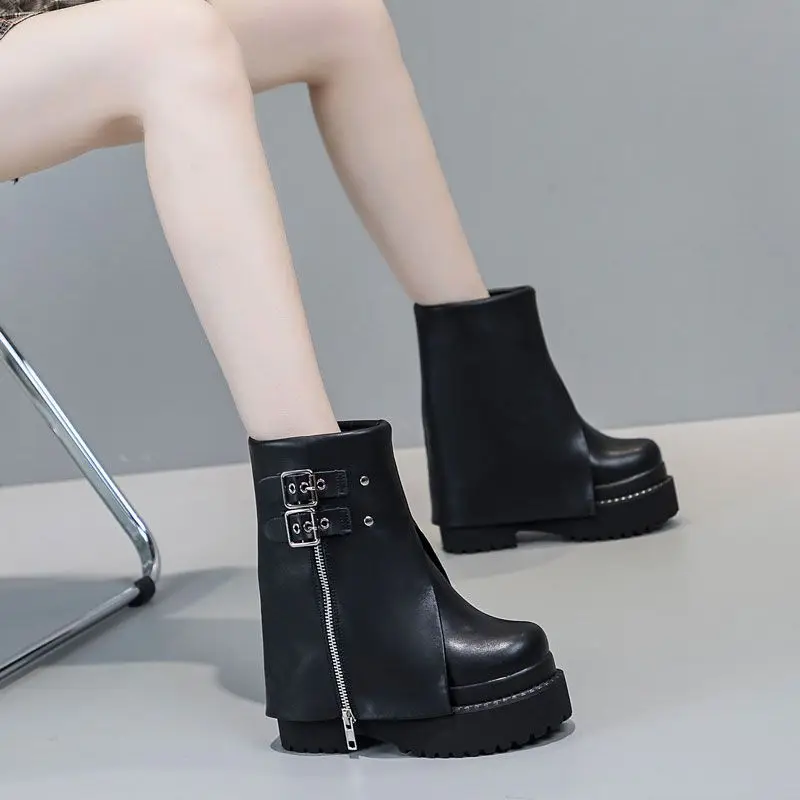 Fujin 12cm kobieta rzymska ukryte obcasy z okrągłym noskiem średnio wysokie buty z cholewami kostka kowboj jesienna wiosna pluszowy ciepły zamek