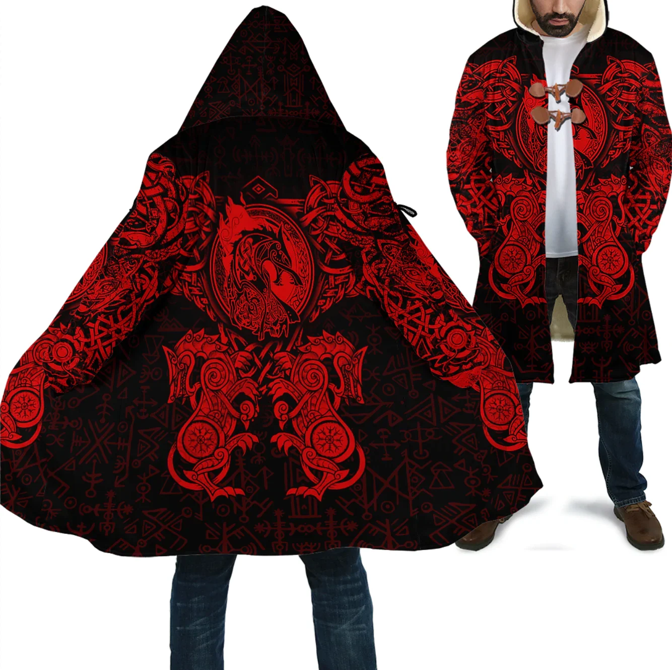 Winter Mens Cloak Tattoo Dragon And Wolf Tattoo Cyan/Red 3D Printed Fleece Hooded Coat Unisex Casual Thick Warm Cape coat PF66