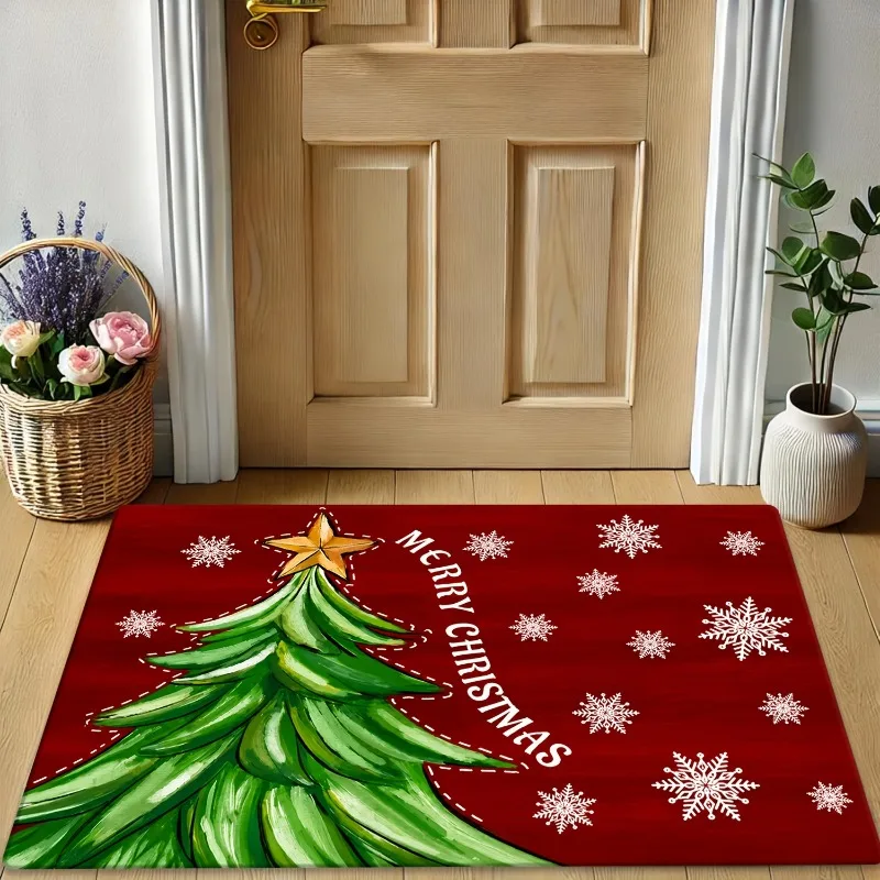 Red Christmas Sketch Tree Doormat Rocking Horse Ornament Snowflake Print Entry Floor Mat Xmas Holiday Front Door Home Decoration
