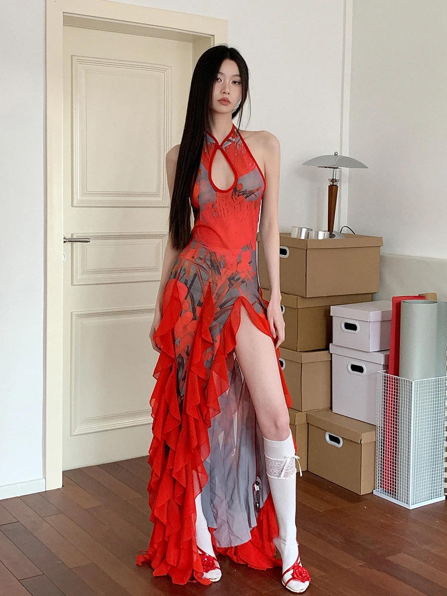 ReddaChic 女性花柄メッシュレッド袍ドレスオフショルダー背中の開いたカットアウトフリルスリットチャイナウエディングパーティー夏服