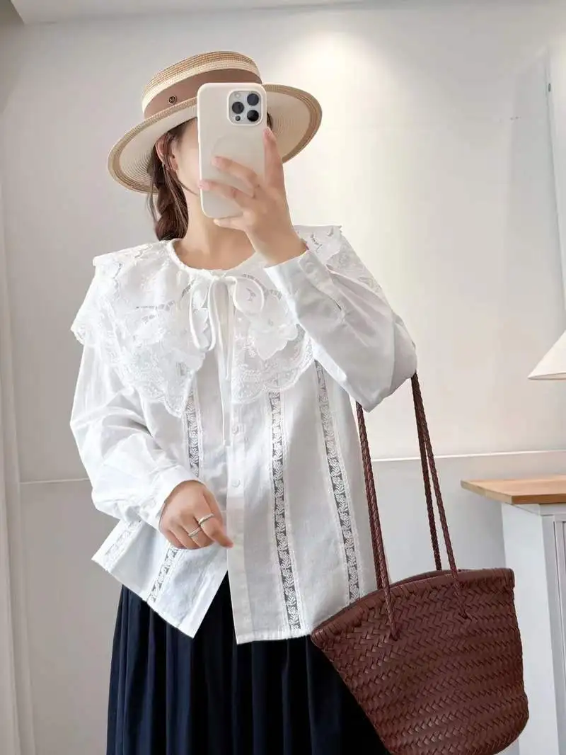 جديد 2025 الخريف قميص قطني بكم طويل ، المرأة بدوره إلى أسفل طوق التطريز ، موري فتاة الفرنسية تخفيف شيك بلوزة فضفاضة T59749CC