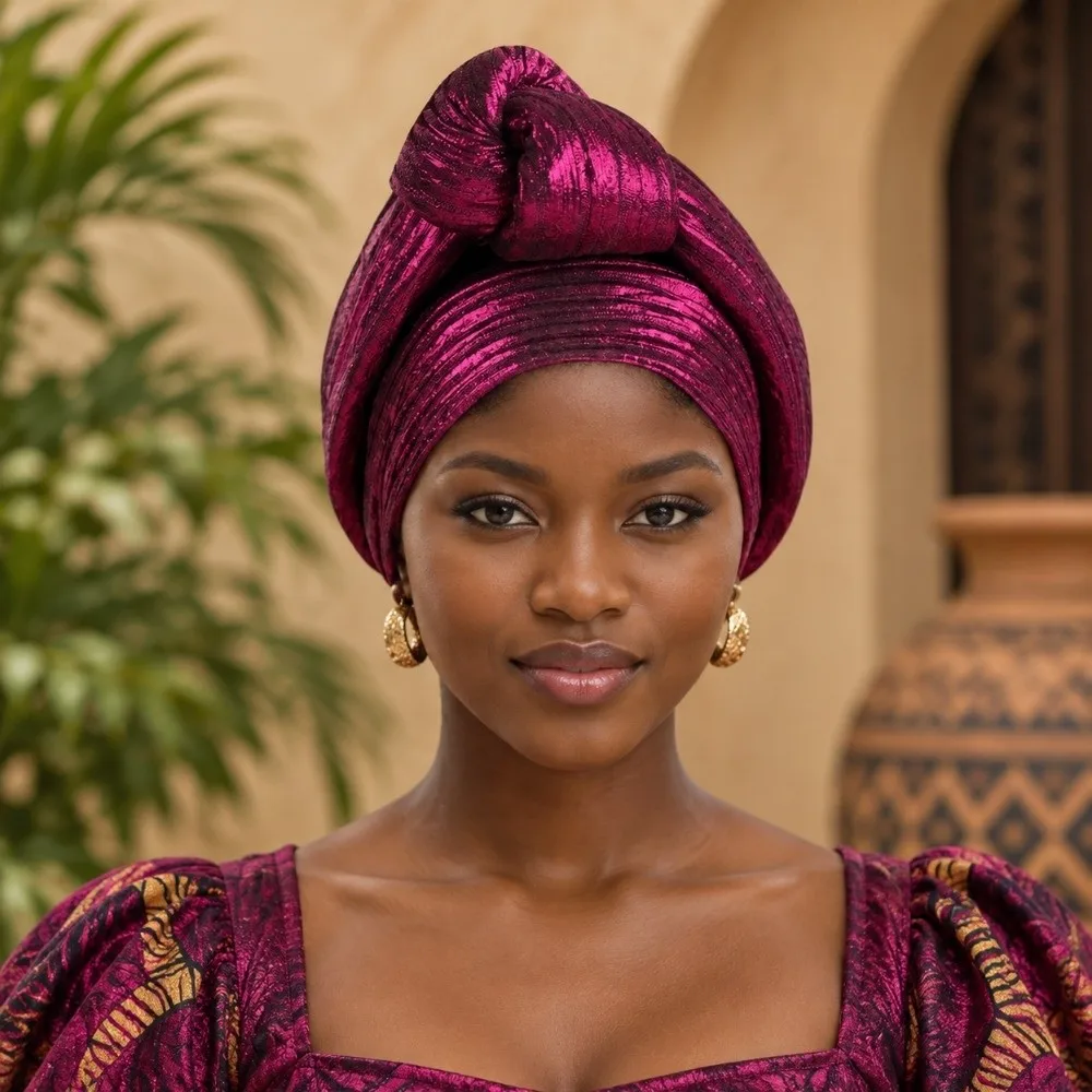 Shiny African Gele Headwrap Polyester Front Knot Nigerian Yoruba Turban Traditional Style Multicolor Options Elegant Headpiece