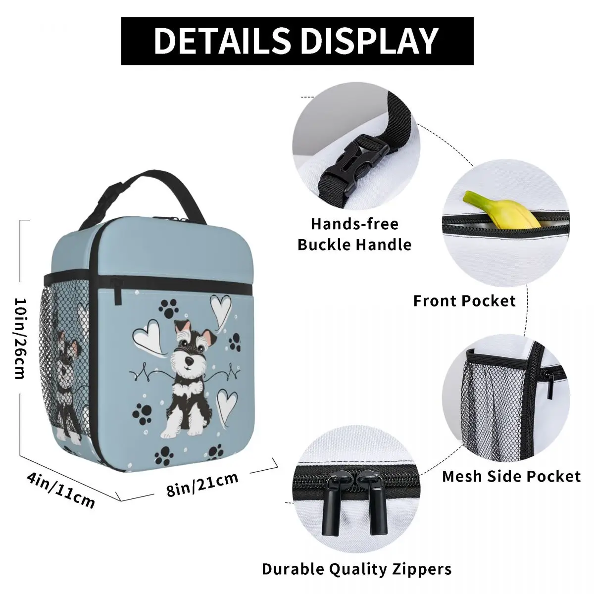 Love Black And White Miniature Schnauzer Insulated Lunch Bag for Kids School Cooler Thermal Food Box Tote Lunch Boxes Container