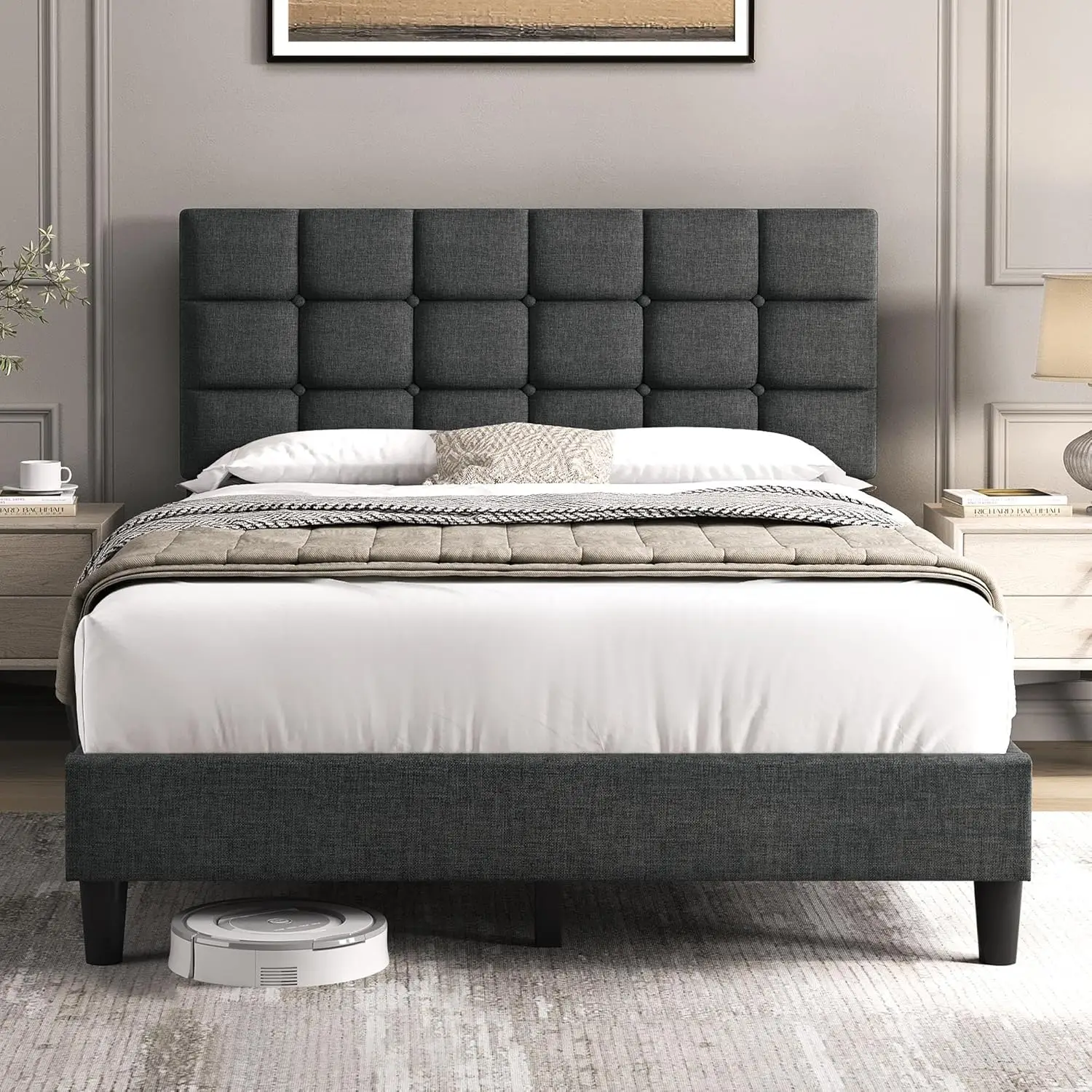 

Upholstered Bed Frame, Modern Full Bed Platform with Square Stitched&Button Tufting Headboard Height Adjustable, Wooden Slats