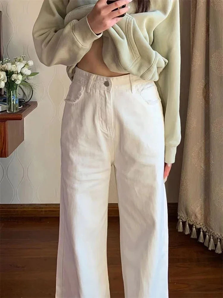 Casual Loose Fashion Street Woman Jeans Simple Basic White Straight Leg Pants Female Summer New Solid Color Slim Women Jeans