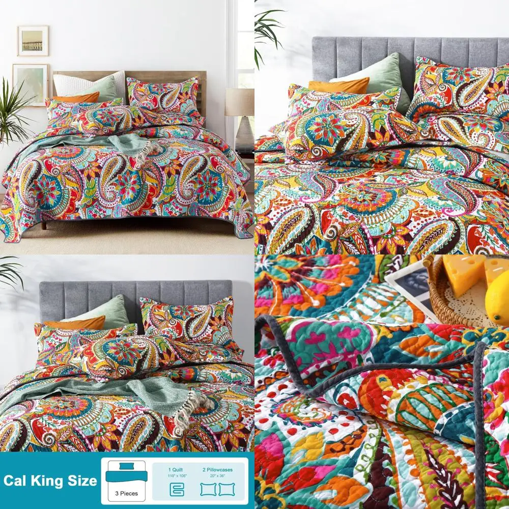 

Colorful Boho Paisley Cotton King Quilt Set, 3-Piece Lightweight Oversized Quilt with Pillows