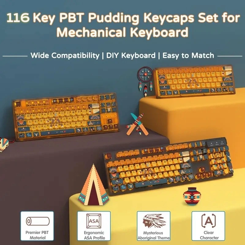 PBT Pudding Keycap Set, 116Key, Profile .co.jp, Translucent PC Layer, Dye-Pad, Thème autochtone, Aucun clavier mécanique MX