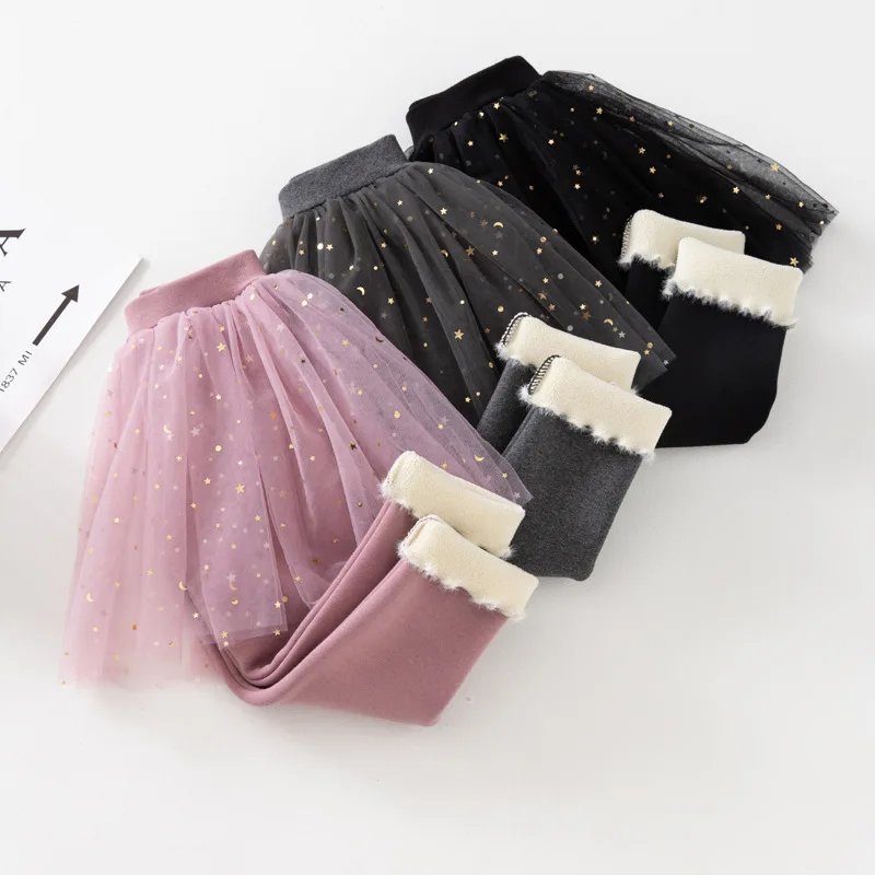 Autumn and Winter Girls' Fleece-Lined Thick Leggings with Sequins, Faux Two-Piece, Warm Baby Skirt Pants, Princess Skirt Pants view 4