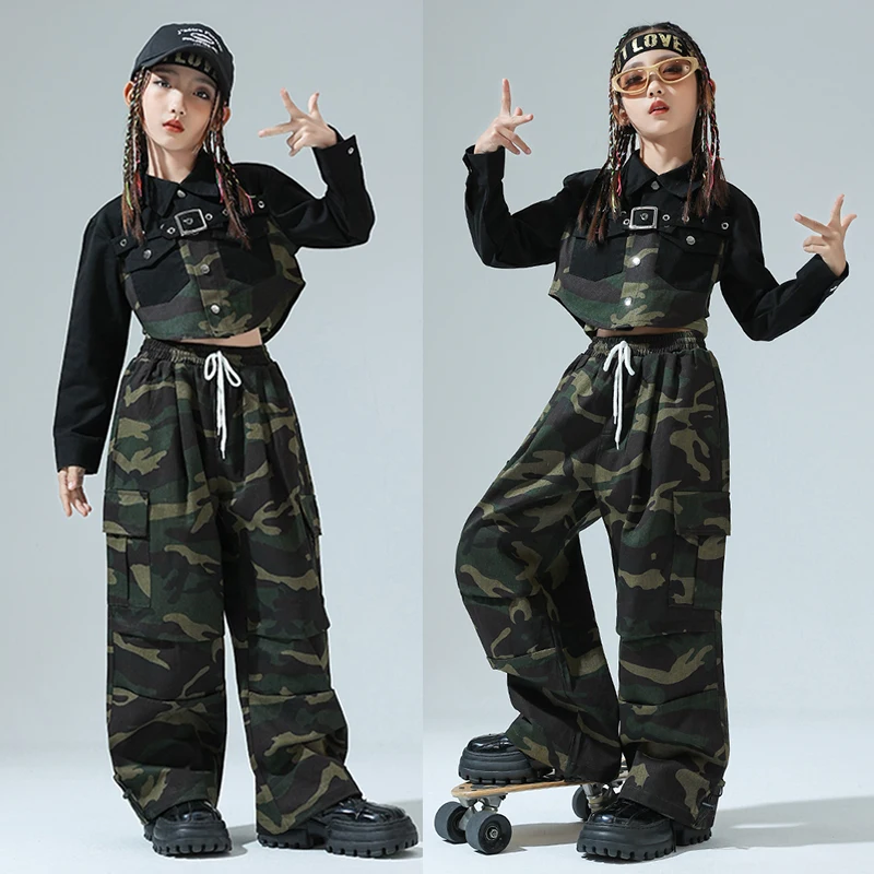 

Hip Hop Dance Costume Girls Jazz Kpop Stage Outfit Camouflage Shirt Pants Fashion Children Clothing Street Dance Clothes VDL1665