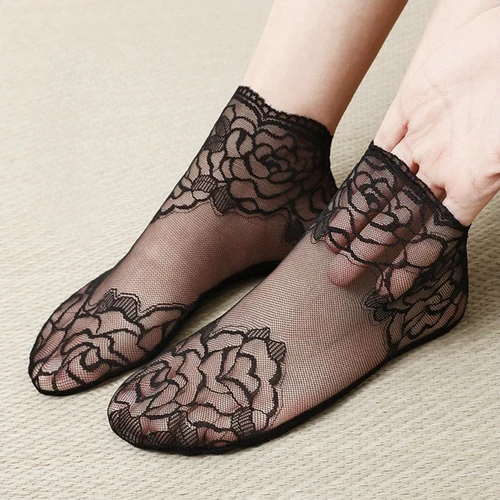 Imagen 2 del producto Calcetines de encaje de flores para mujer, medias de barco huecas antideslizantes, medias invisibles sexys, calcetines cortos de tobillo, Lolita, 1/5 pares