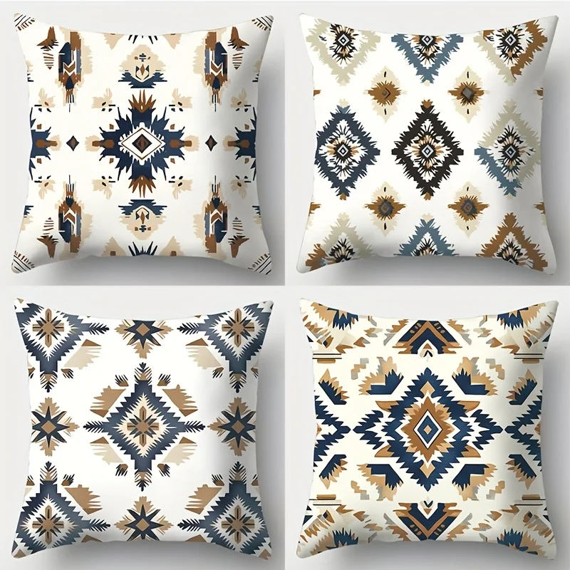Set of 4 Boho Geometric Throw Pillow Covers Decorative Cushions for Living Room Home Decor Tribal Aztec Pattern Neutral Earth