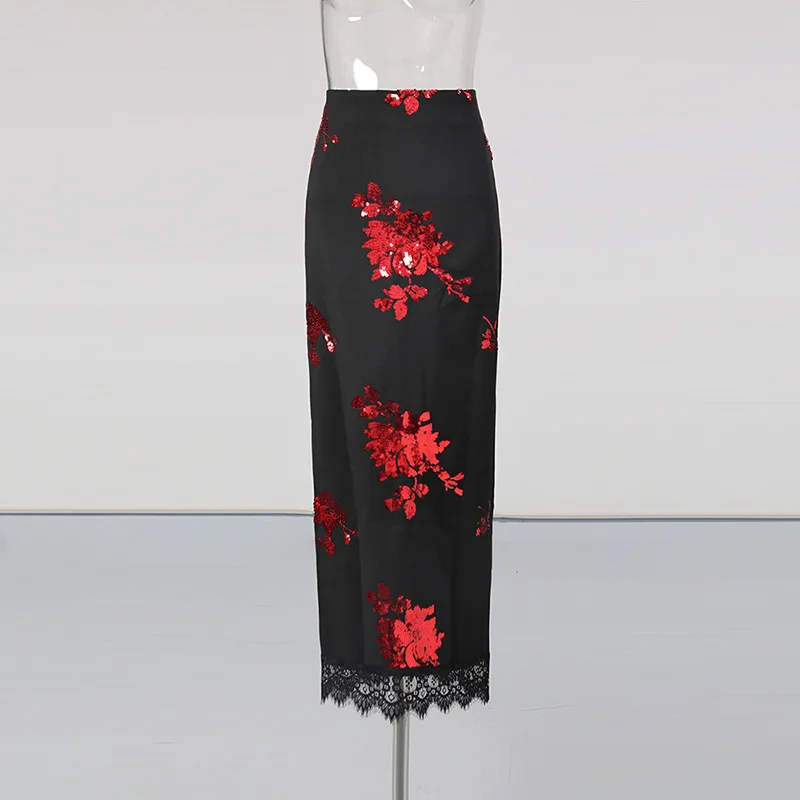 HKSH otoño nuevo conjunto de mujer cuello vuelto lentejuelas flor chaqueta corta Oficina señora abrigo encaje Patchwork A-line falda elegante HK11555