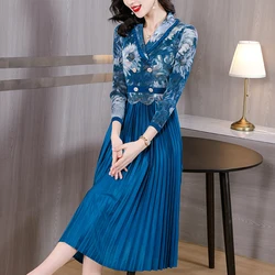 AIMEILI-vestido plisado de manga larga con solapa estampada para mujer, cárdigan largo con cinturón de un solo pecho, Primavera, nueva moda