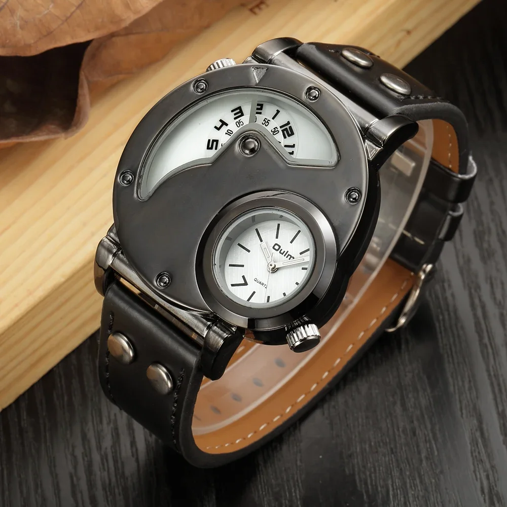 Oulm 9591 Unique Design Big Size Outdoor Fashion Sports Clock Retro Style Leather Strap Watch Male Men's Quartz Wristwatch