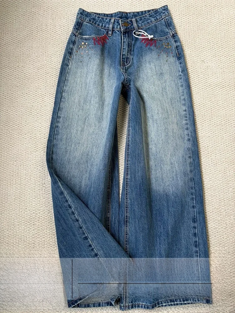 

Женские джинсы Bell Bot с вышивкой в стиле ретро American ket, повседневные осенне-зимние новые джинсы с высокой талией и широкими штанинами