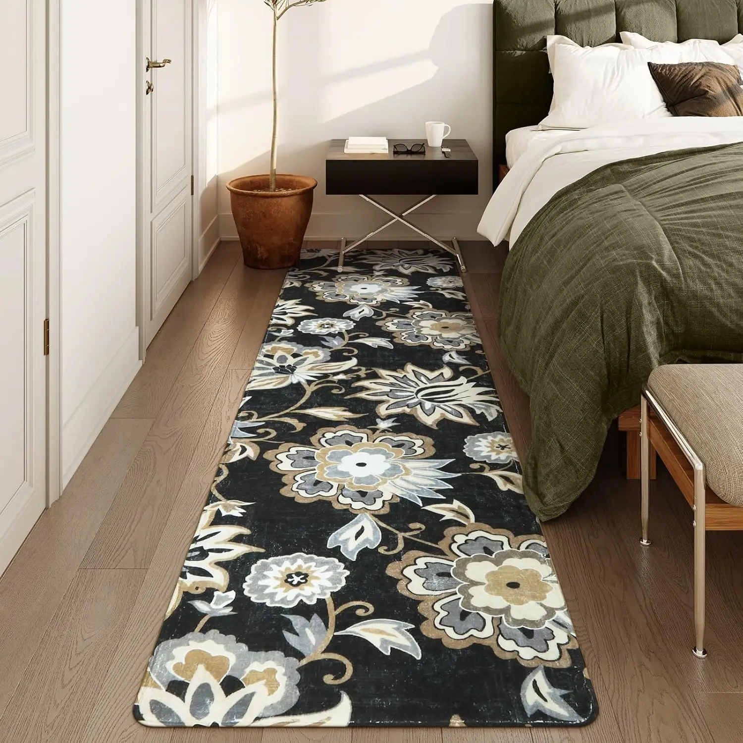 Floral Black Runner Rug - Kitchen Runners Non Skid Washable 8 Ft Non-Slip Stain Resistant Long Runner Rugs for Hallway, Paisley