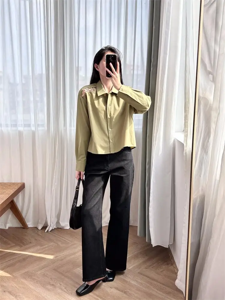 Shoulder clover Y2K shirt with hollowed out lapel top, elegant item, M Home 2024 autumn new design sense high quality blouse