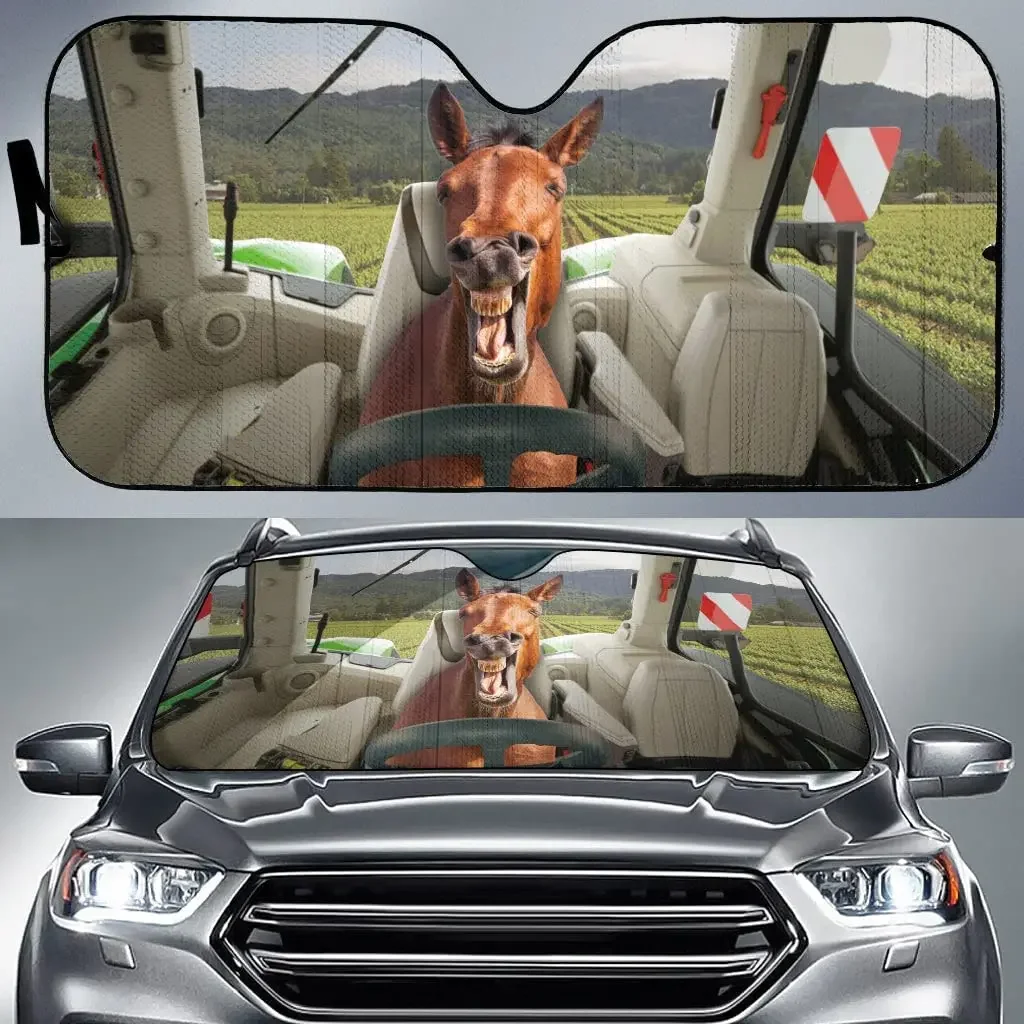 Funny Horse with Sunglasses Driving Tractor Car Sunshade, Horse Driving Auto Sunshade for Farmers Gift, Horse Car Windshield Dur