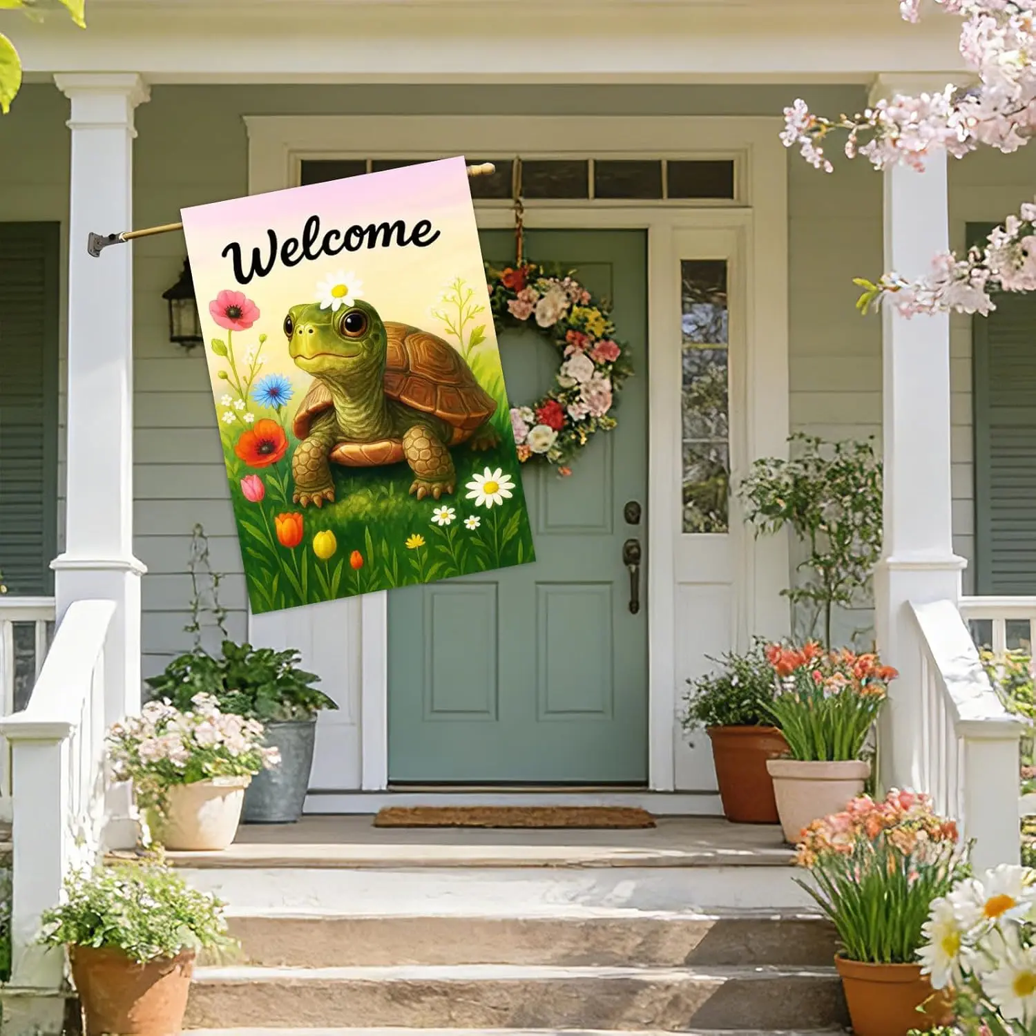 IVN Turtle Spring Garden Flag 28x40 Inch Cute Tortoise Floral Garden Scene Daisy Wildflower Double Sided Vertical Large Yard WWP