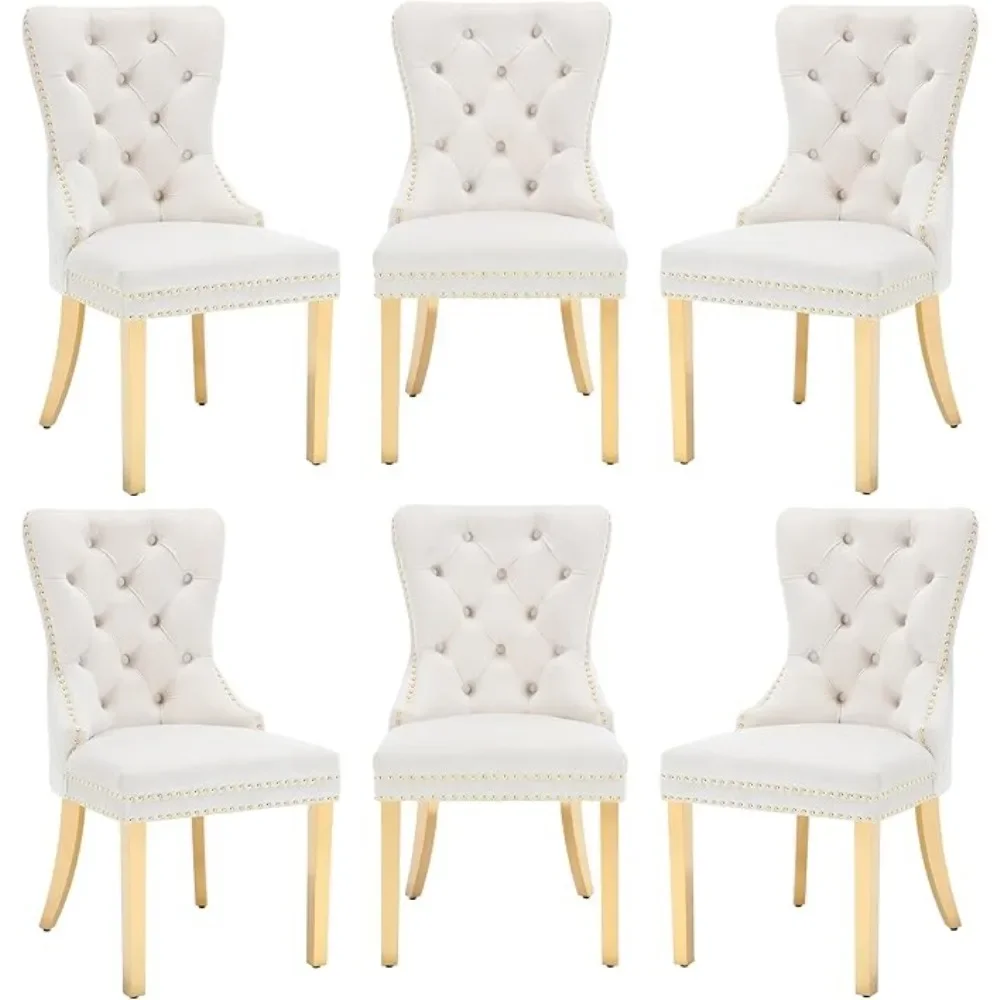 Dining Chairs Set of 6, Luxury Velvet Tufted Legs & Nailhead Trim, Back Lion Head Pull Ring & Rhomboid Pattern, Kitchen Chairs