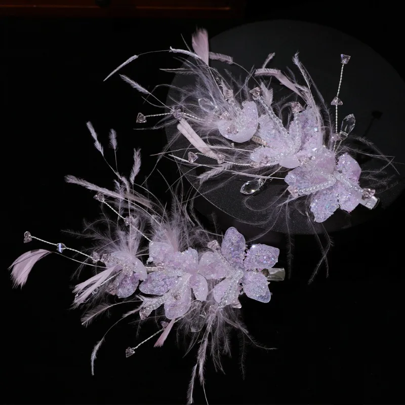 

Fairy Dream Crystal Beaded Feather Hairpin Exterior Morning Robe Bridal Head Jewelry