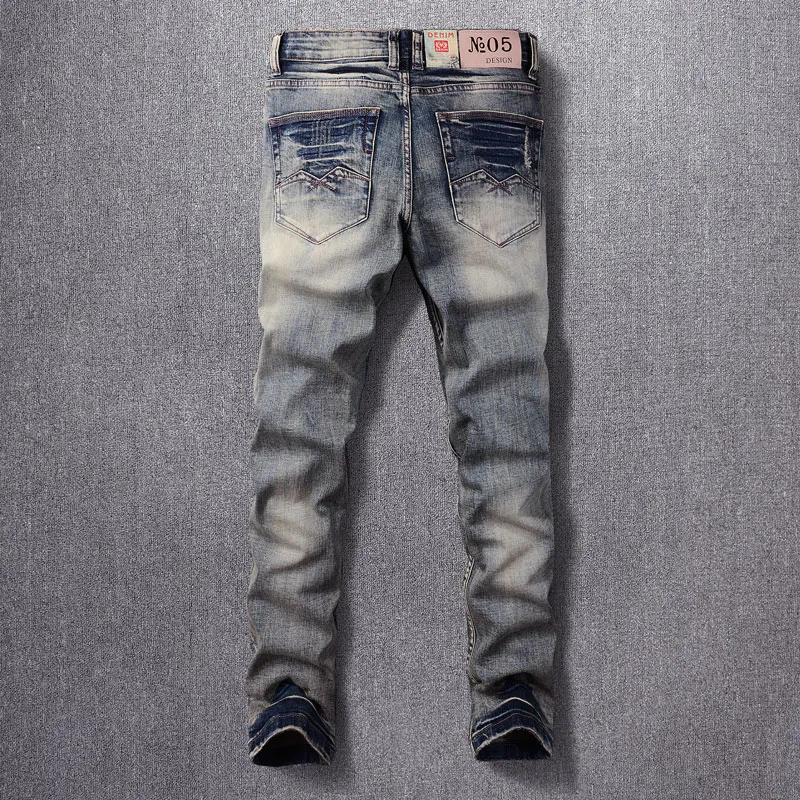 Italian Style Fashion Men Jeans Retro Washed Blue Elastic Stretch Slim Fit Ripped Jeans Men Vintage Designer Denim Pants Hombre