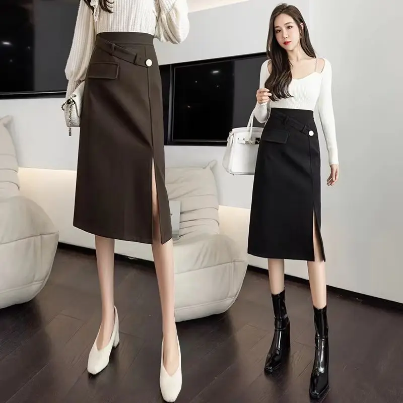 

Elegant Office Long Skirts Women 2024 Fashion High Waist Bodycon Woolen Skirt French Slim Ladies News Skirt Female C115