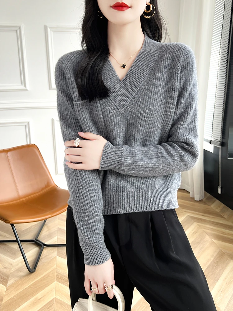 

Spring Autumn Women V-neck Long Sleeve Pullovers 100% Merino Wool Sweater Soft Simple Style Wool Knitwear Tops Short Clothing