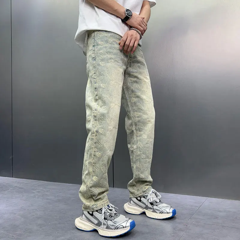 Y2K Fashion New Men's Work Pants Scratched Letter Print Washed Nostalgic Words Elastic Slimming Retro Light Blue Work Pants