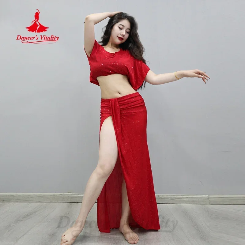 

Belly Dance Training Suit for Women Sexy Slanted Shoulder Top+Split Long Skirt 2pcs Oriental Dance Professional Practice Clothes