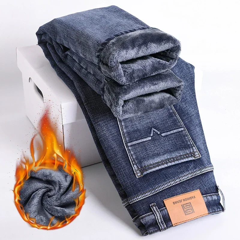 2024 Winter Fleece Thick Warm Jeans Men\'s Slim Business Straight Elastic Denim Pants Casual Male Clothing Fashion Plush Trousers