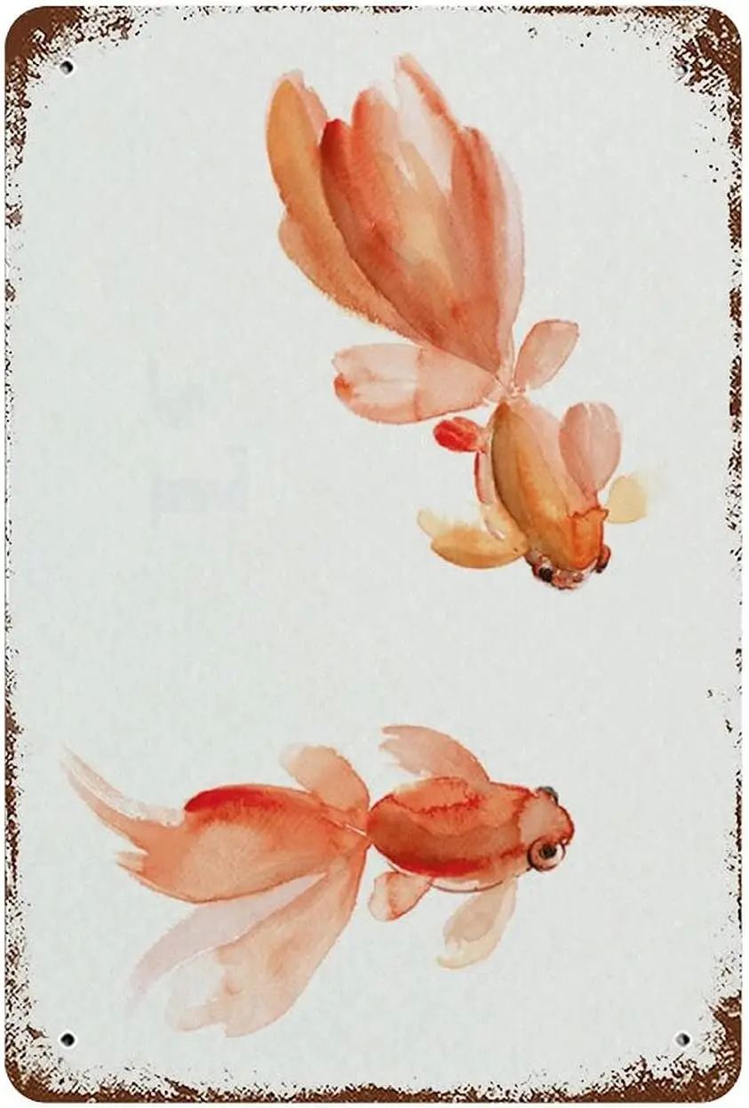 Antique Metal Tin Sign Goldfish Watercolor Aluminum Metal Sign Pisces Zodiac Sign Orange Red Fishes Home Decor Gold Fish Art Dec