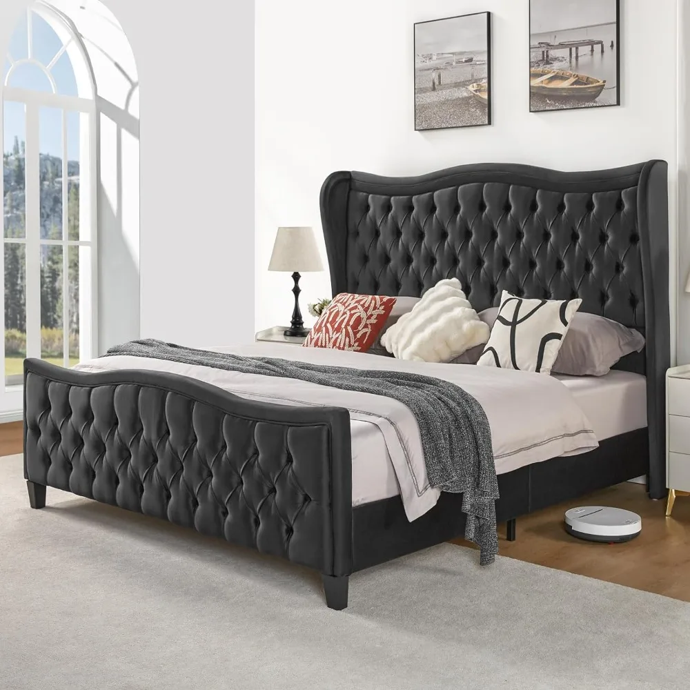 

Queen Size Bed Frame, Velvet Wingback Upholstered Bed with Deep Button Tufted Headboard & Footboard, Bed Frame